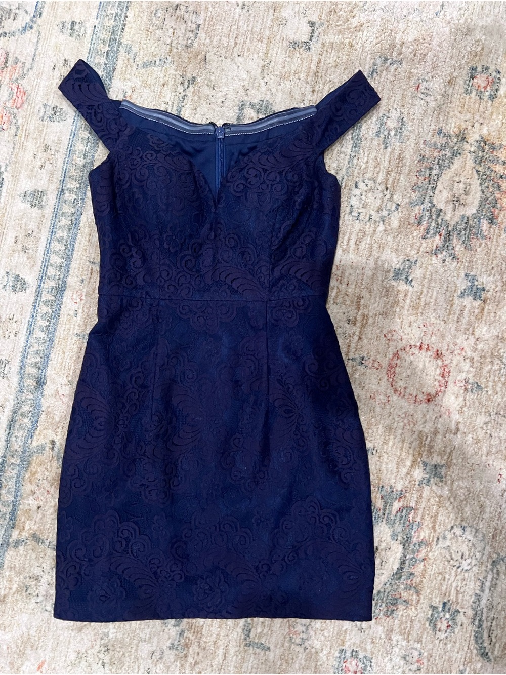 Off-Shoulder Navy Lace Sheath Dress